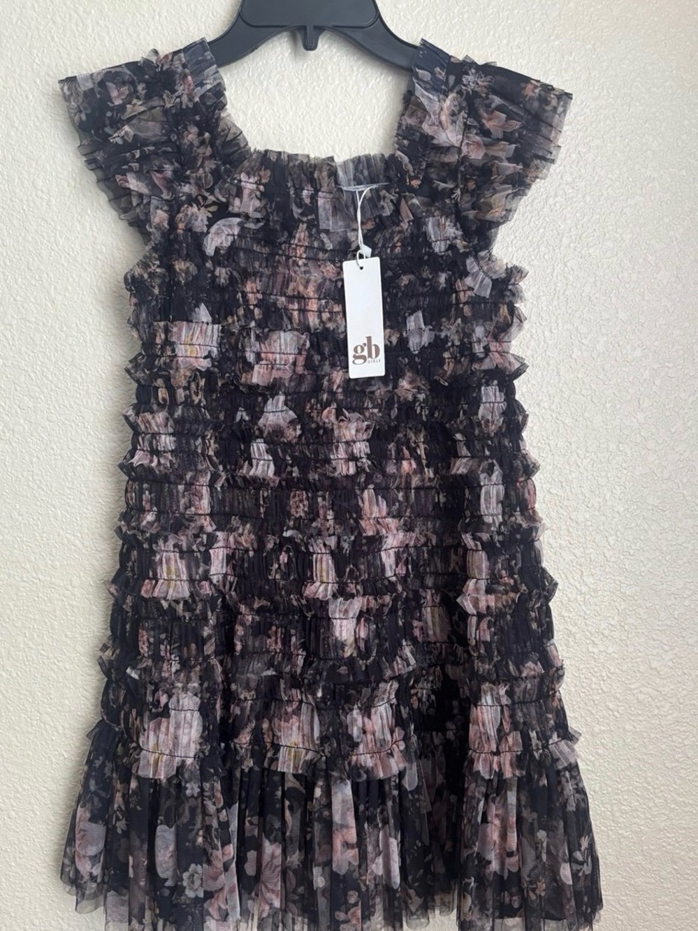 Gianni Bini Girls Black Floral Ruffle Tiered Dress with Pink Accents-NWT